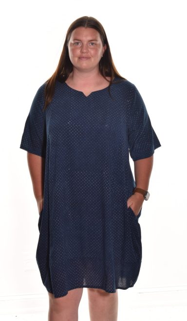 Lea. Lantern Dress With Indigo Polka Dot Handblock Print In Organic Cotton.