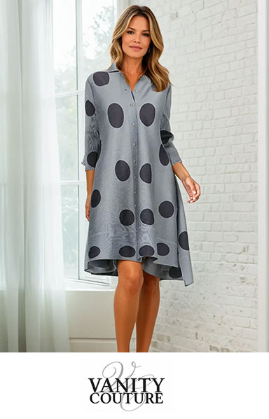 Vanity Couture knee-length gray dress with big polka dots