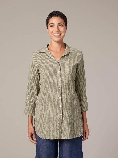 Cut Loose. Easy Shirt In Grey Stripe Crinkle Cotton. #0646276. (Special Order).
