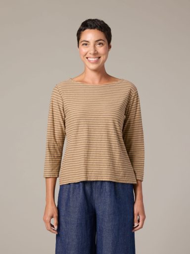 Cut Loose. 3/4 Sleeve Boatneck Tee In Grey Stripe Linen Cotton Jersey. #5745060. (Special Order).
