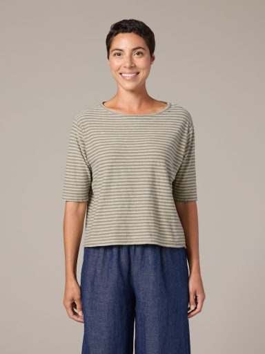 Cut Loose. Elbow Sleeve Top In Grey Stripe Linen Cotton Jersey. #5746181. (Special Order).