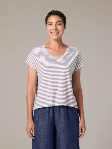Cut Loose. Short Sleeve V-Neck Crop In Grey Stripe Linen Cotton Jersey. #5746537. (Special Order).