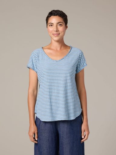Cut Loose. Raw Edge V-Neck Top In Grey Stripe Linen Cotton Jersey. #5746849. (Special Order).