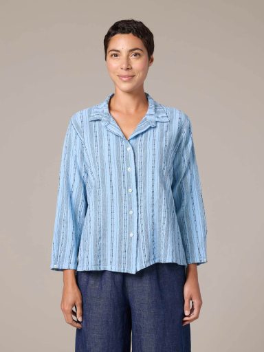 Cut Loose. High Low Crop Shirt In Pinstripe Linen. #5146644. (Special Order).