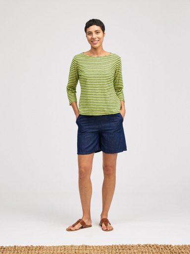 Cut Loose. 3/4 Sleeve Boatneck Top In Navy Stripe Cotton Linen. #5475060. (Special Order).