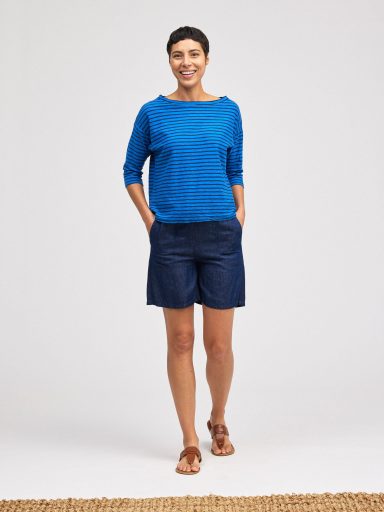 Cut Loose. Mock Boatneck Tee In Navy Stripe Linen Cotton Jersey. #5476750. (Special Order).