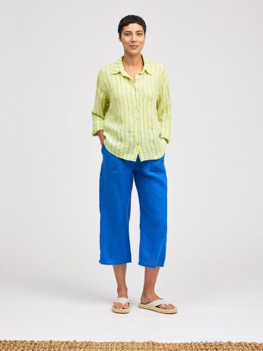 Cut Loose. Crop Easy Shirt In Blue Linen Stripe. #4616986. (Special Order).