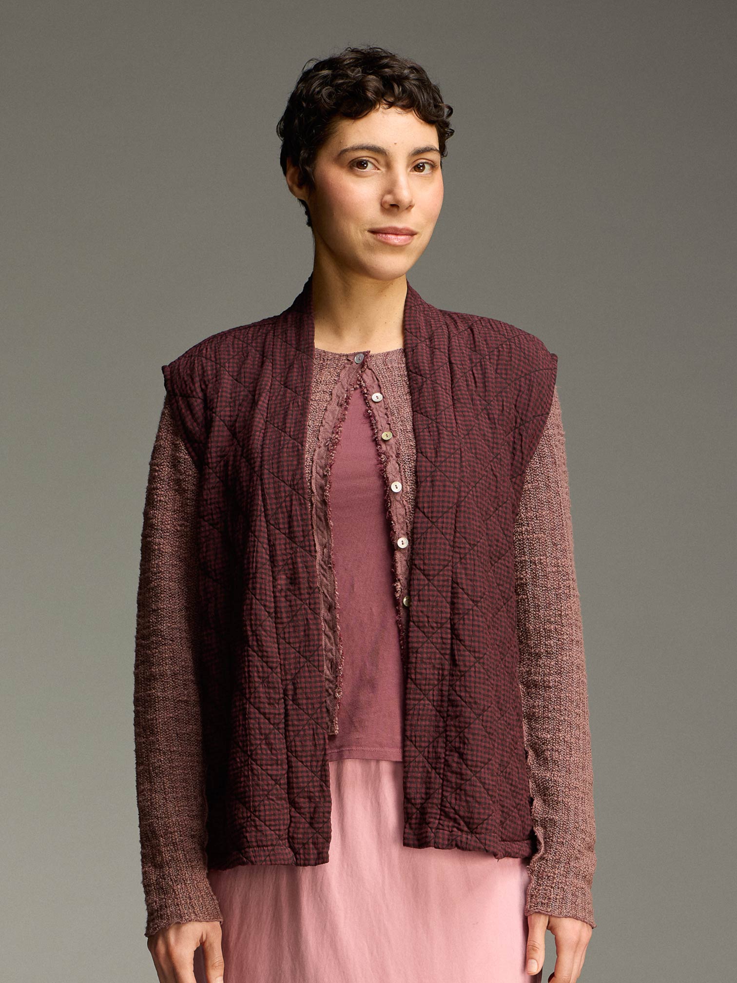 Cut Loose. Open Vest In Black Crinkle Check Quilt. #6615281. (Special Order).